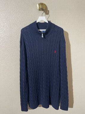 Ralph Lauren Navy Cable-Knit Quarter-Zip Sweater with Red Pony